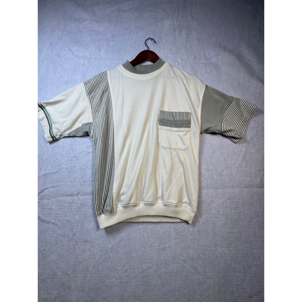 Vintage Le Tigre Mens Colorblock Striped Knit Pocket Shirt Cream Grey Size M